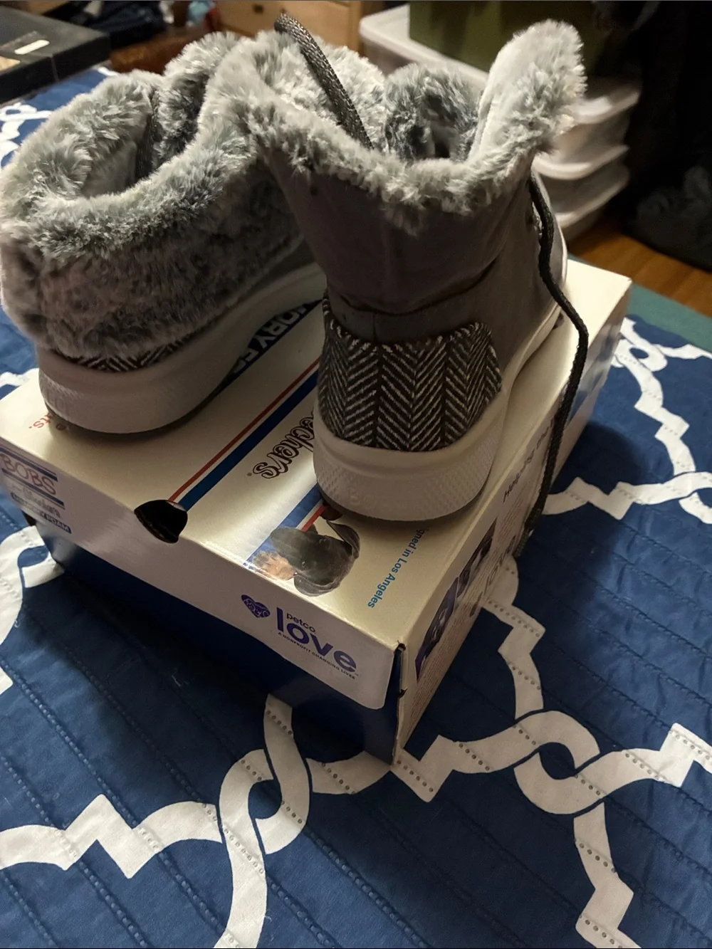 Bobs from Skechers Women's Gray Faux-Fur Lined Slip-On Lace-Up Sneaker boots